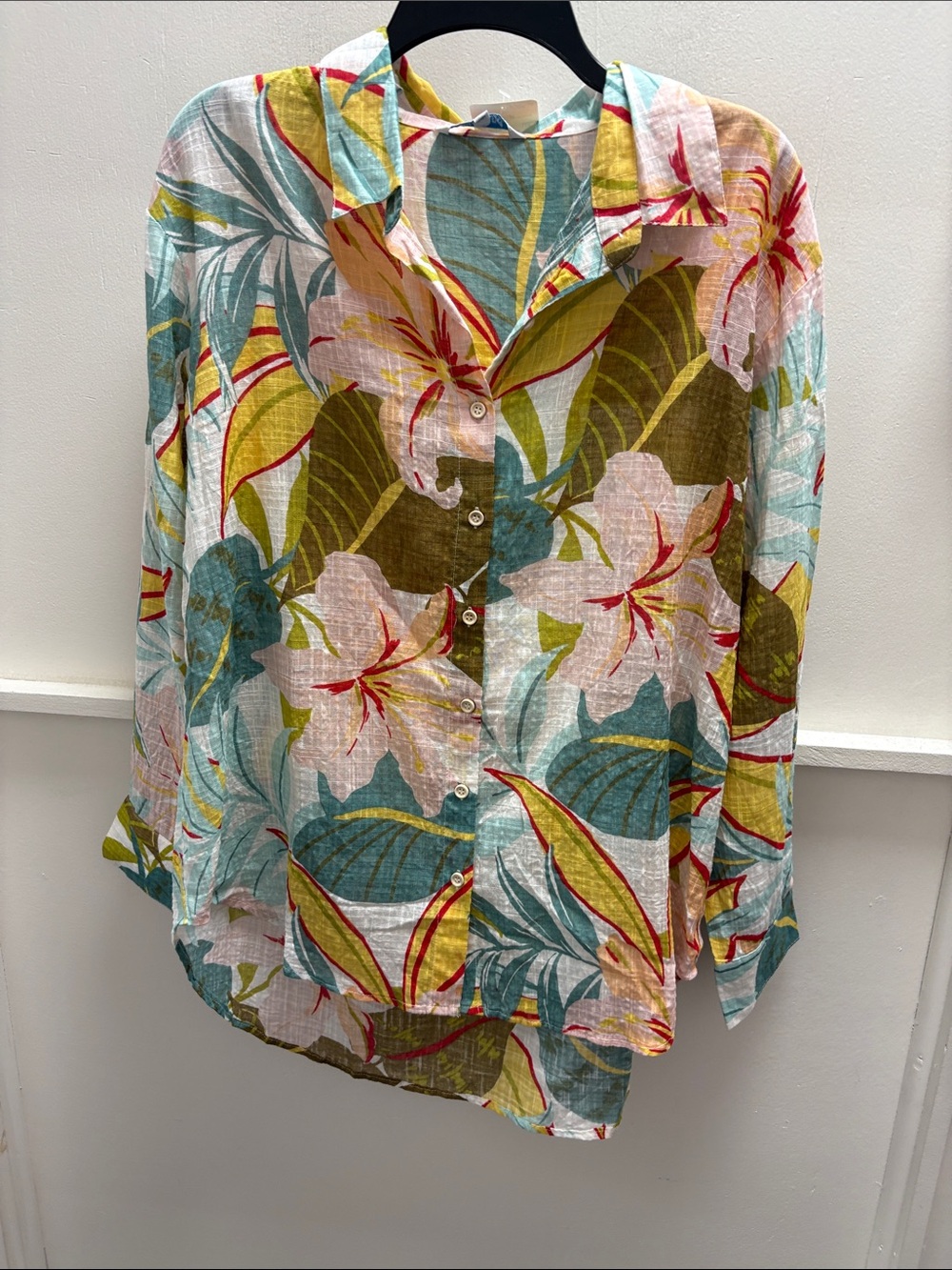 blue island Floral Button-Up Shirt in Pink, Yellow, Blue, Green